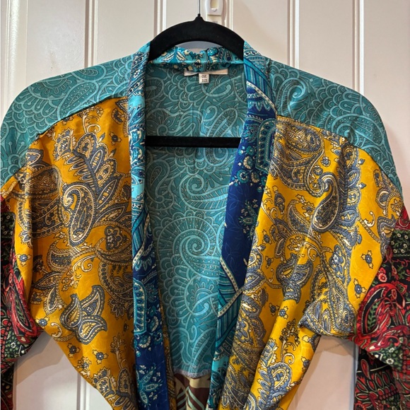 Multi-Pattern Kimono Robe in Teal, Mustard & Burgundy - Picture 2 of 10